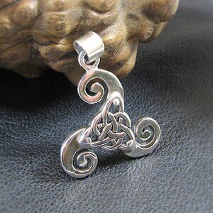 Solid 925 Sterling Silver Celtic Trinity Knot Pendant - Triple Spiral Amulet